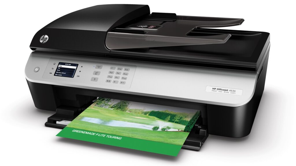 HP Officejet 4636 e-All-in-One, Left facing with output