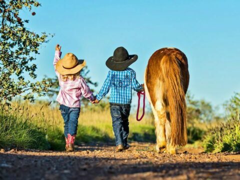 Little cowgirl and cowboy with pony