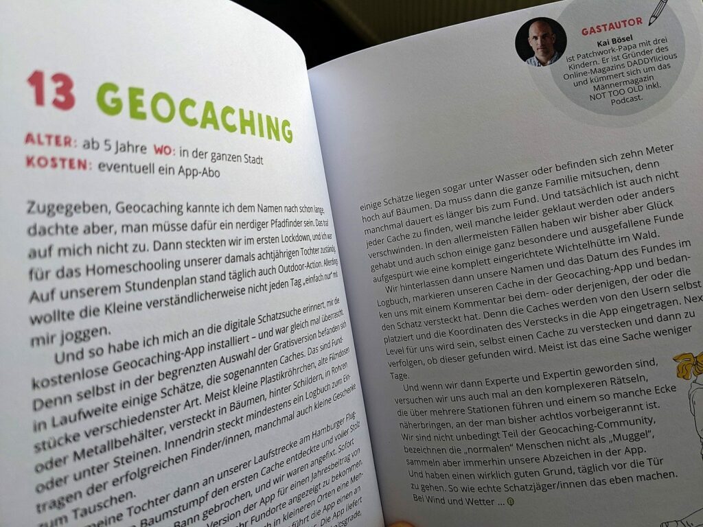 Unser Gastbeitrag über Geocaching im Buch Mama! Papa! Was machen wir heute?
