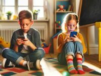 DALL·E 2024 02 29 14.41.51 In a childrens room filled with sunlight a boy and a girl aged between 8 and 12 sit side by side on a cozy rug. They are each focused intently on