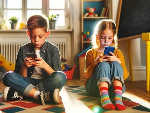 DALL·E 2024 02 29 14.41.51 In a childrens room filled with sunlight a boy and a girl aged between 8 and 12 sit side by side on a cozy rug. They are each focused intently on