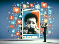 DALL·E 2024 03 02 20.02.36 Create an image that represents the concept of Sharenting and its potential risks for a parenting magazine cover. The image should visually depict t