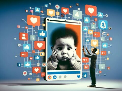 DALL·E 2024 03 02 20.02.36 Create an image that represents the concept of Sharenting and its potential risks for a parenting magazine cover. The image should visually depict t
