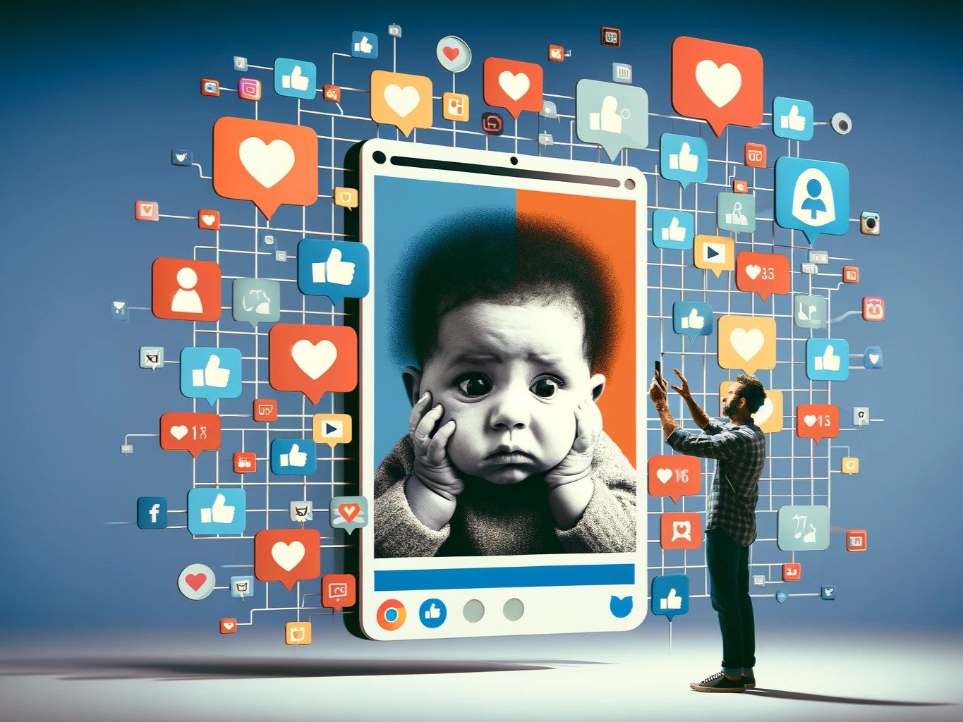 DALL·E 2024 03 02 20.02.36 Create an image that represents the concept of Sharenting and its potential risks for a parenting magazine cover. The image should visually depict t