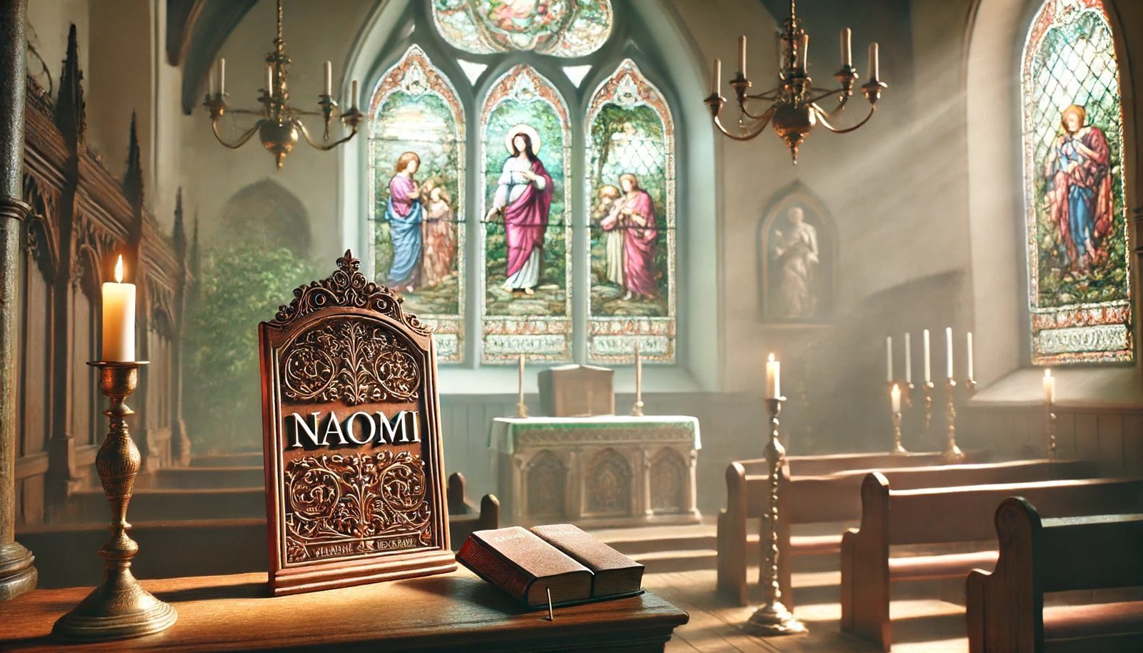 DALL·E 2024 06 13 21.14.12 A photorealistic key visual for a magazine article about biblical names for girls. The scene features a serene church interior with soft natural ligh