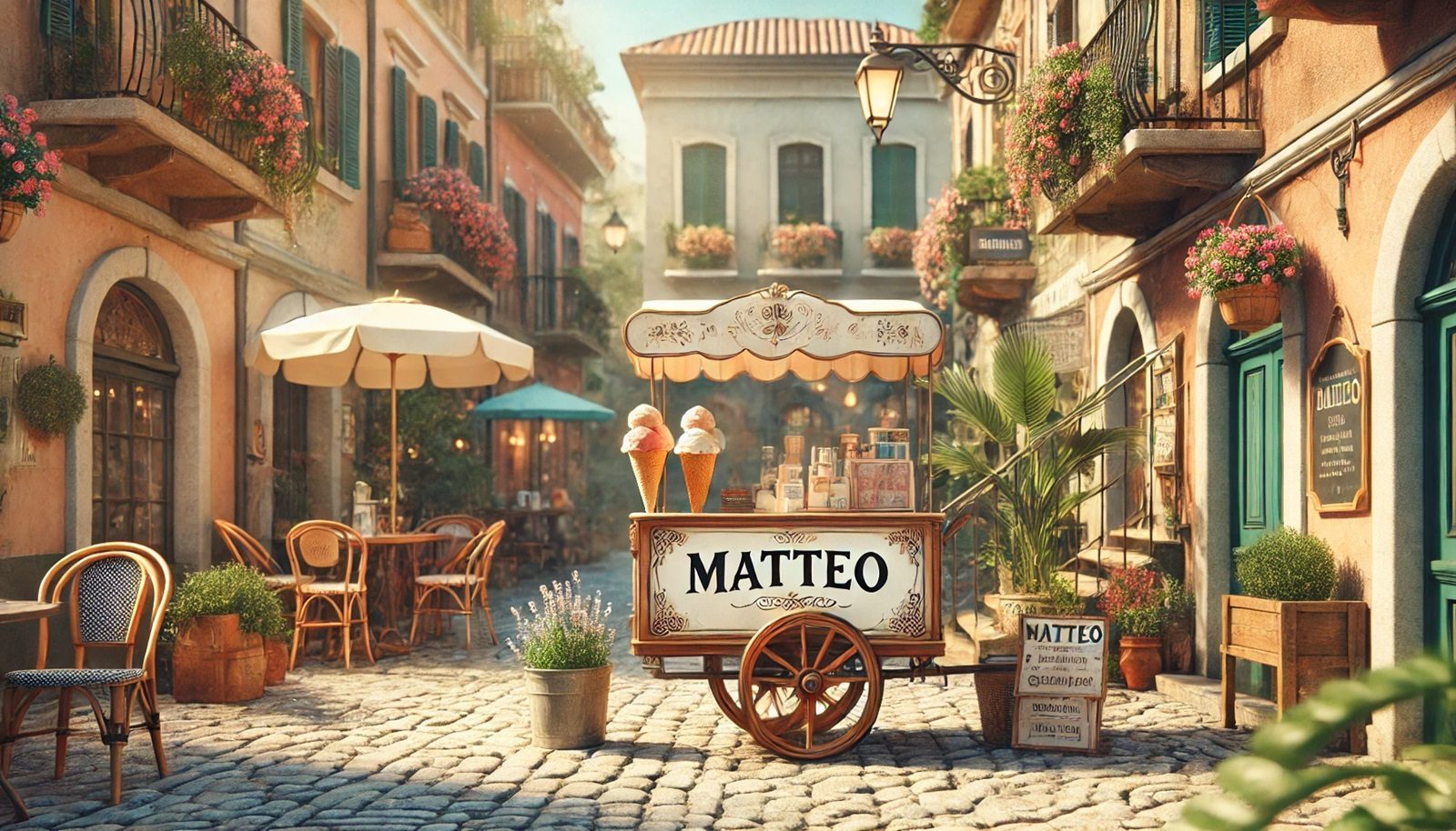 DALL·E 2024 06 19 00.04.08 A photorealistic key visual for a magazine article about Italian names for boys. The scene features a charming Italian street with a traditional gelat