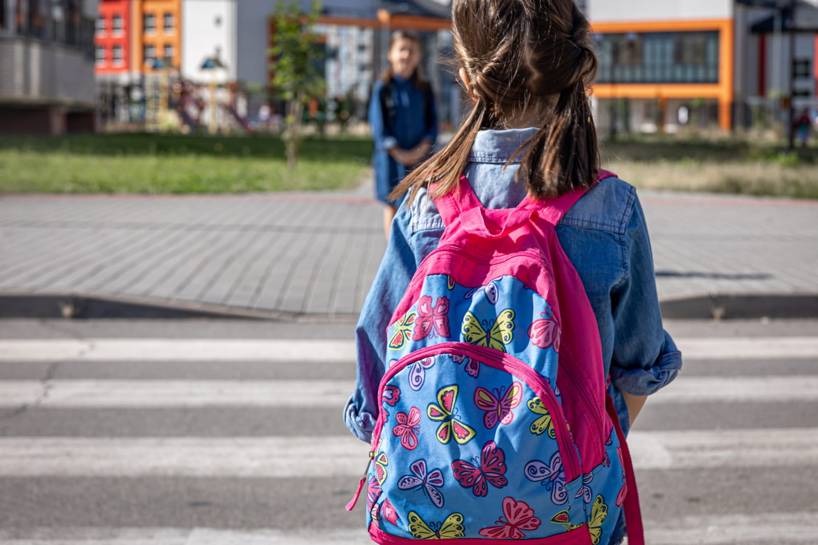 little girl with backpack goes school back school 1
